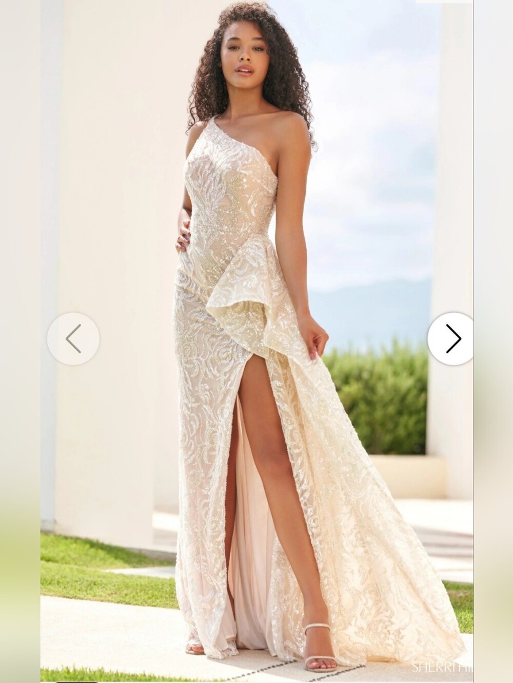 Sherri Hill Ivory/Nude Beaded One-Shoulder Gown Size 12